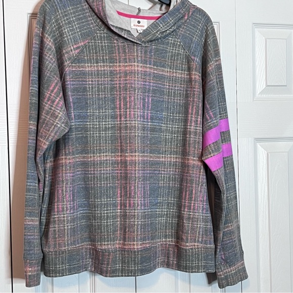 Sundry Plaid Hooded Top with Striped Sleeve Size XL - Picture 4 of 9
